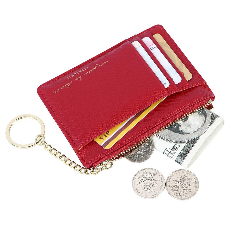 Cynure Women's 8 Cards Slim Minimalist Card Holder Coin Changes Purse Keychain Front Pocket Wallet, red - Image 2